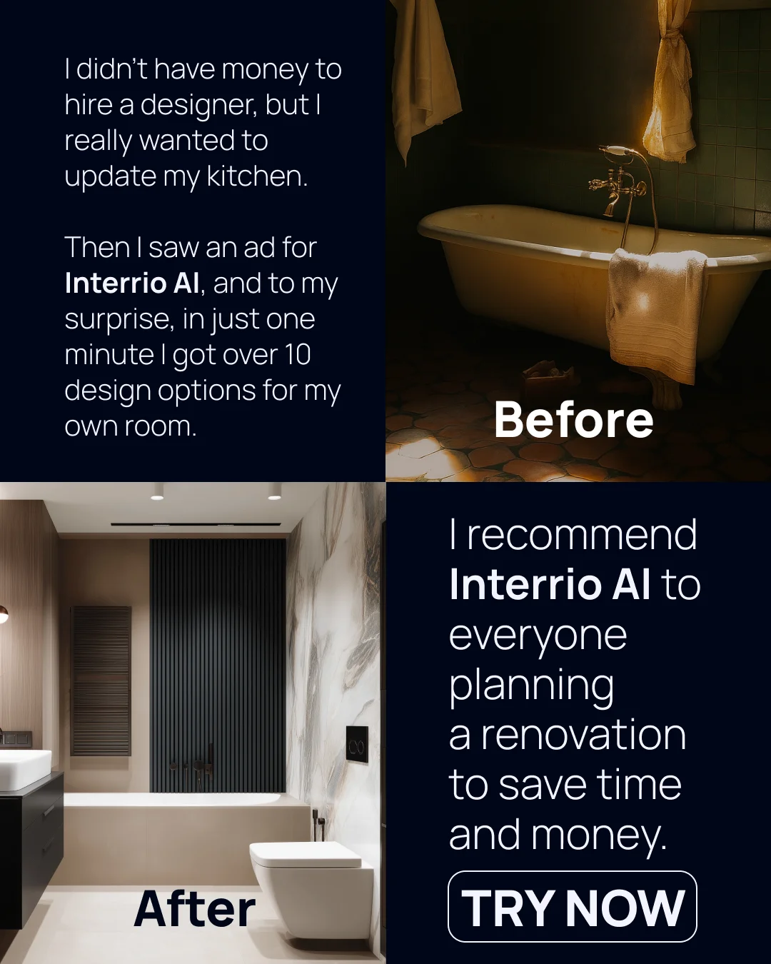 Interrio AI — Before/After Testimonial Split