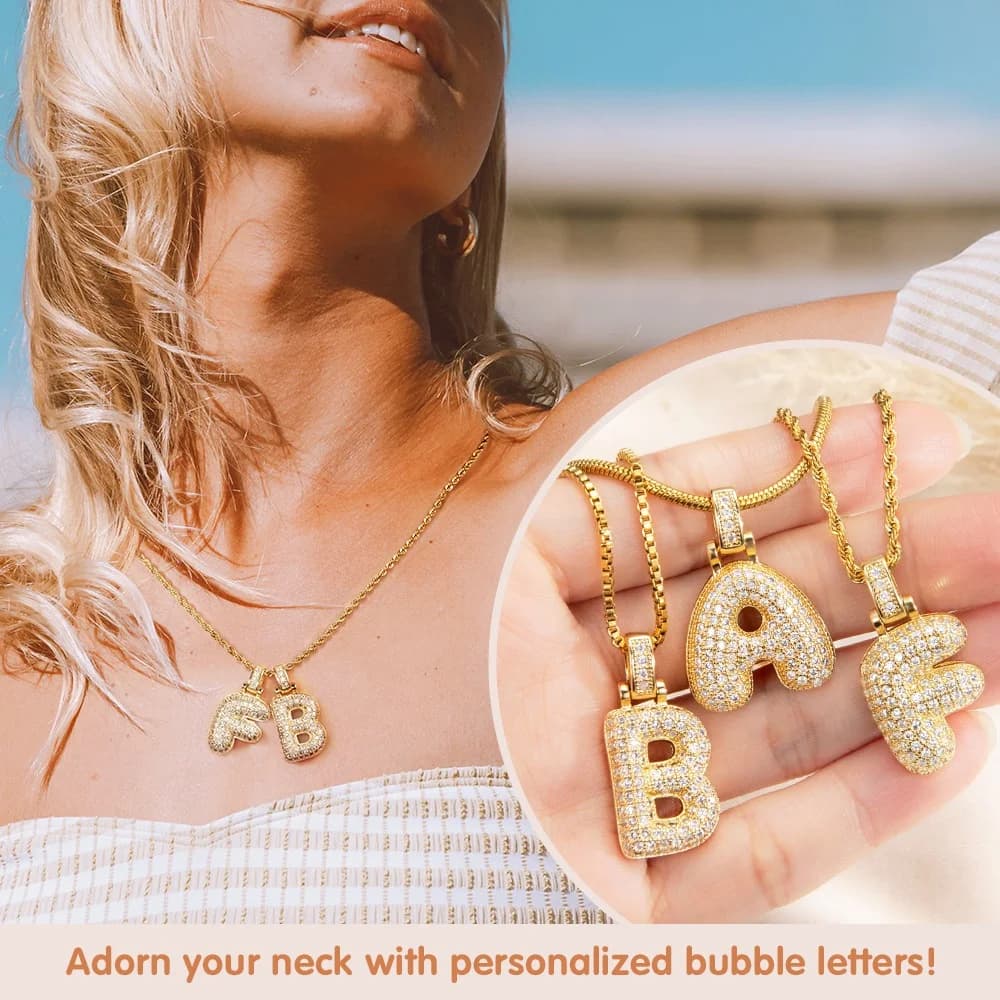 Personalized Bubble Letter Necklaces — Lifestyle & Detail Shot