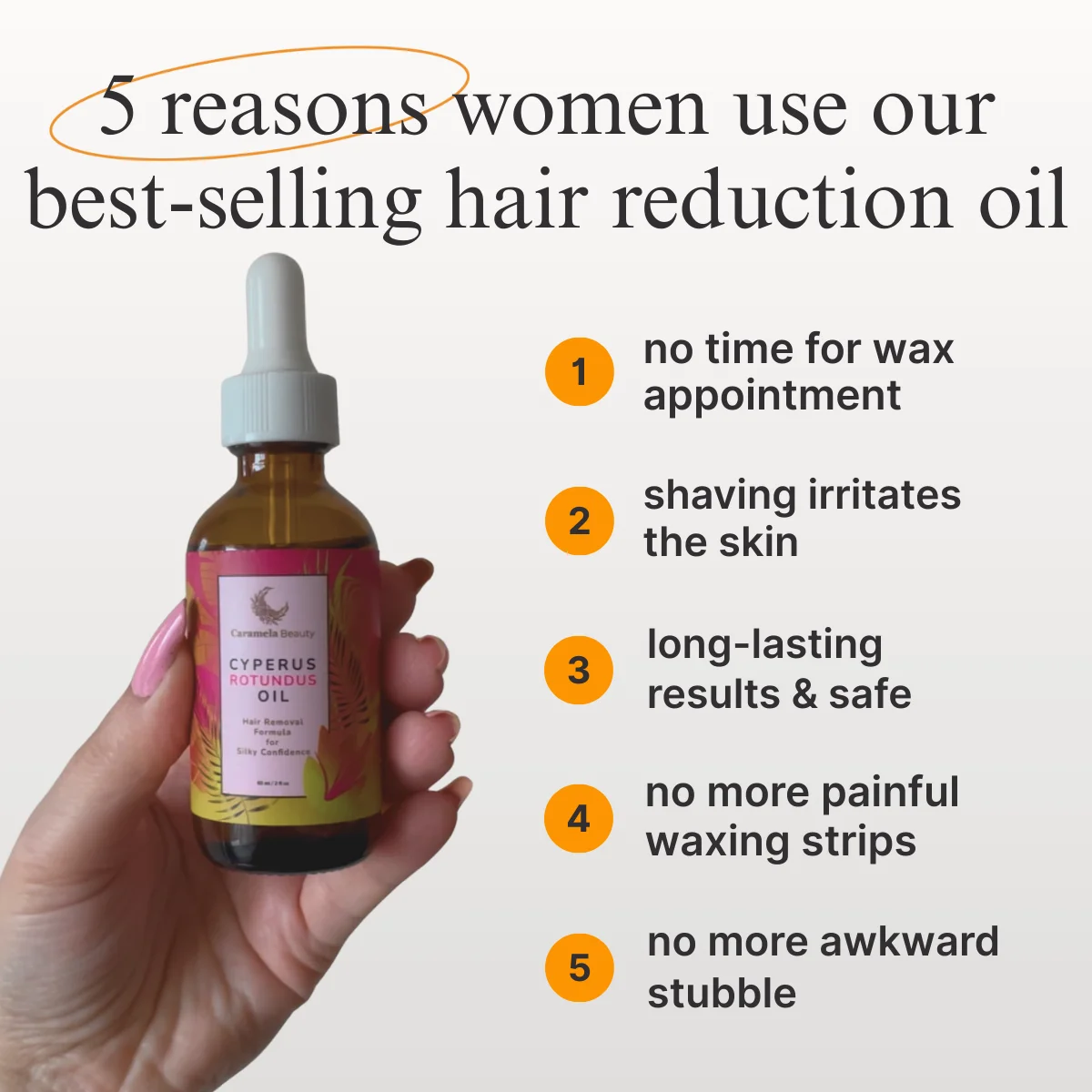 Caramela Beauty Hair Oil — Handheld Product & Benefits