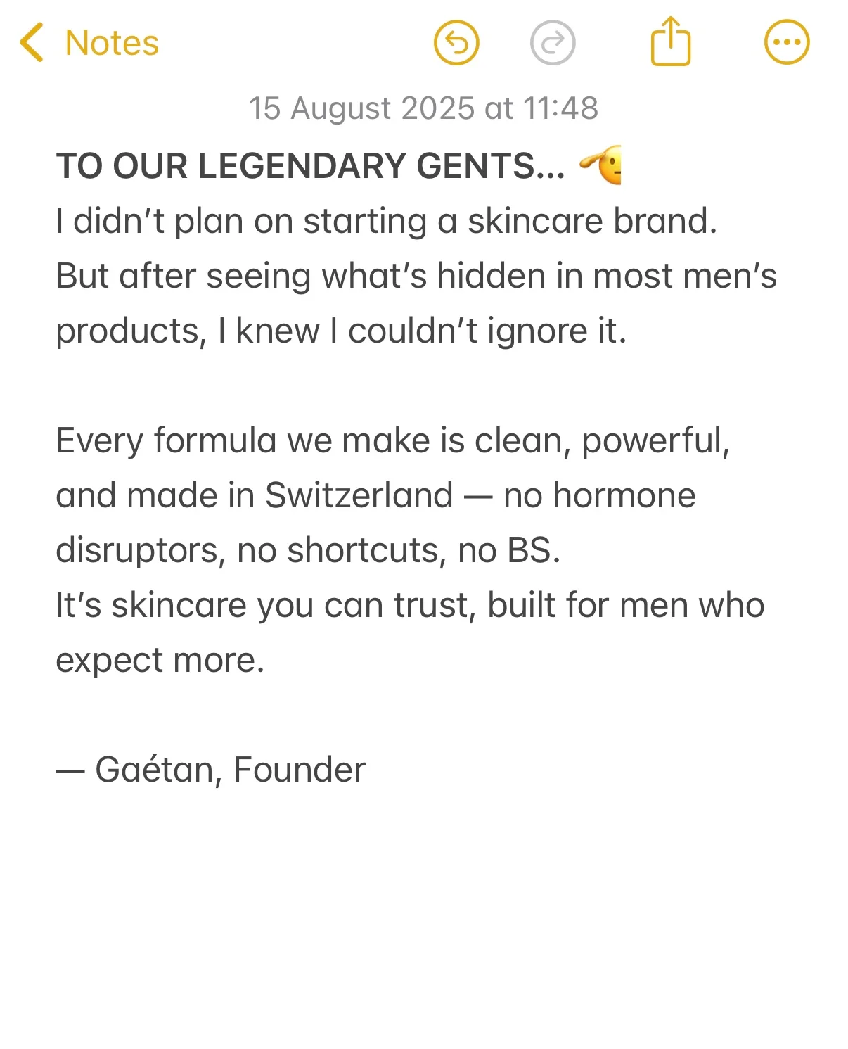 Gaétan's Skincare — Founder's Letter UI Mockup