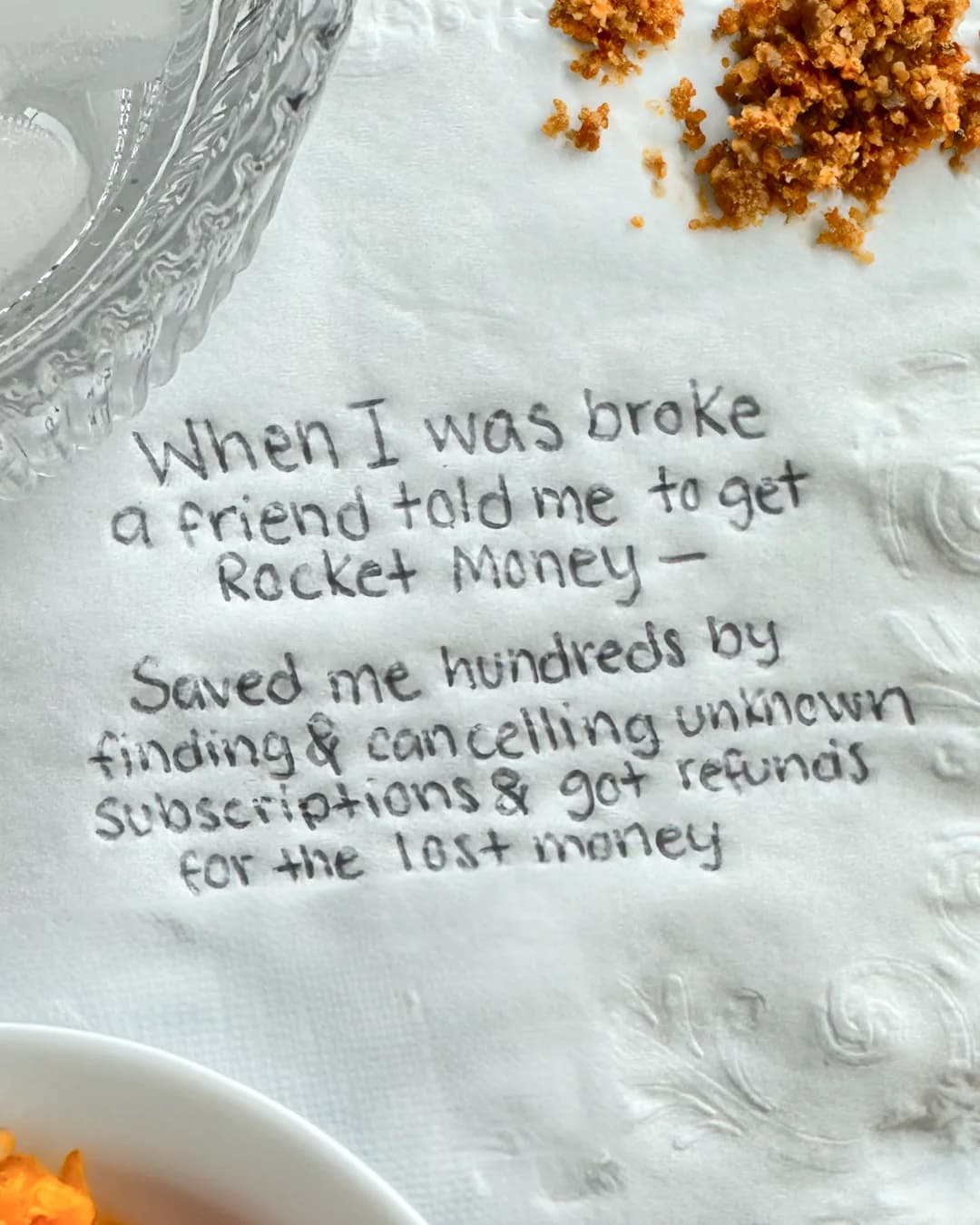 Rocket Money — Authentic Napkin Testimonial