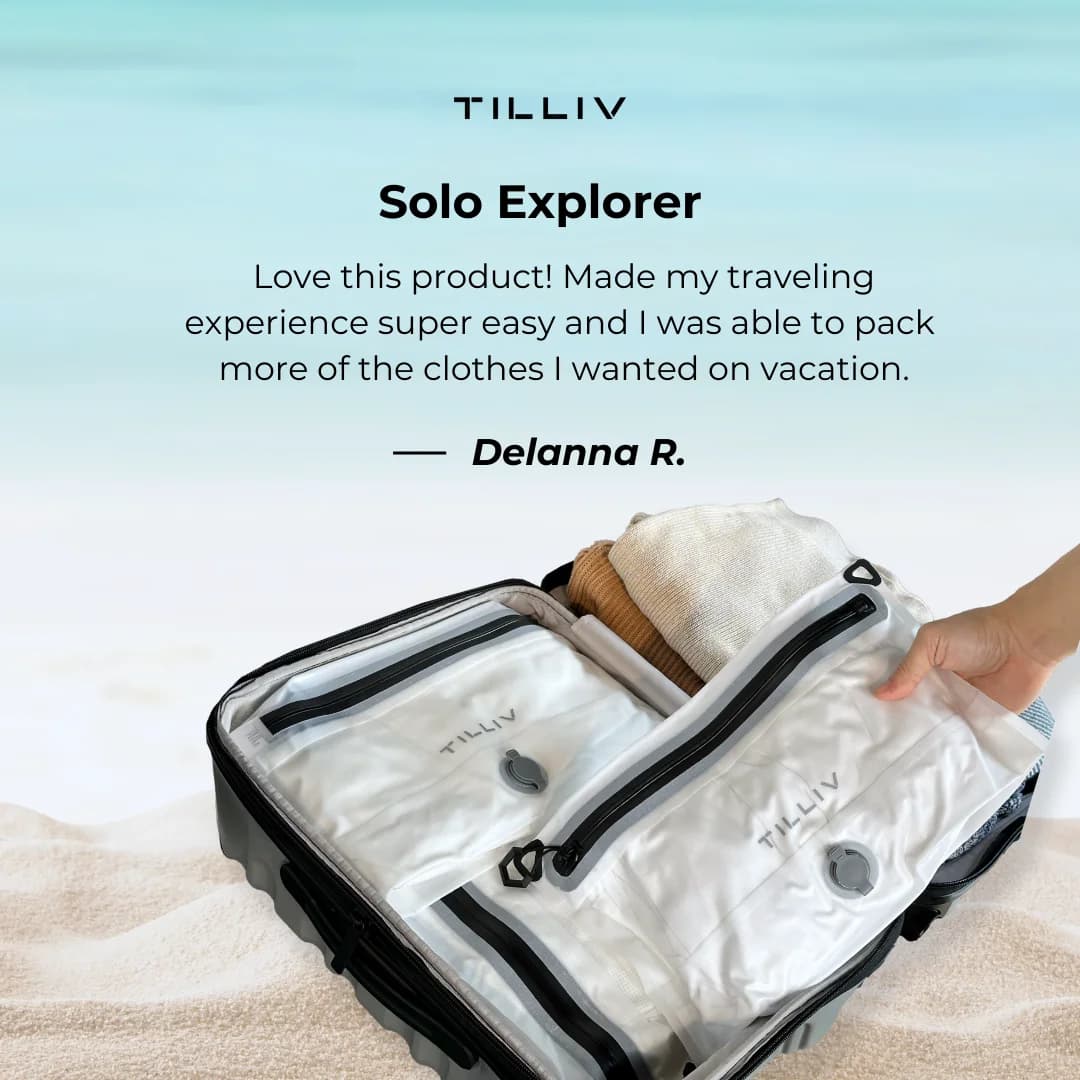 TILLIV Travel Compression Bags — Testimonial Split Screen