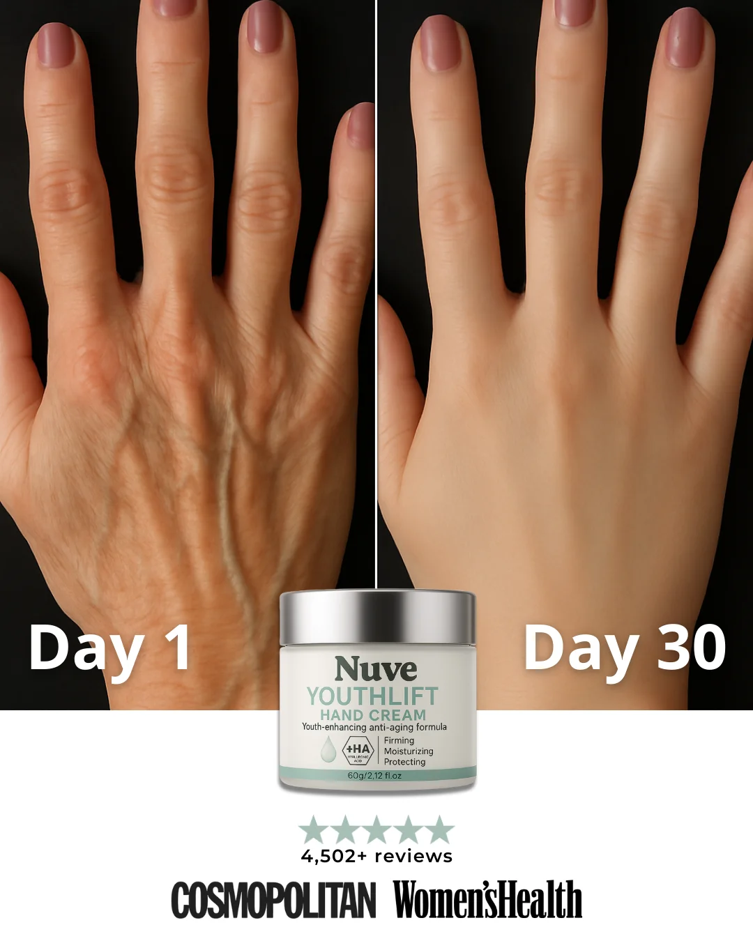 Nuve Youthlift Hand Cream — Before/After Split Screen