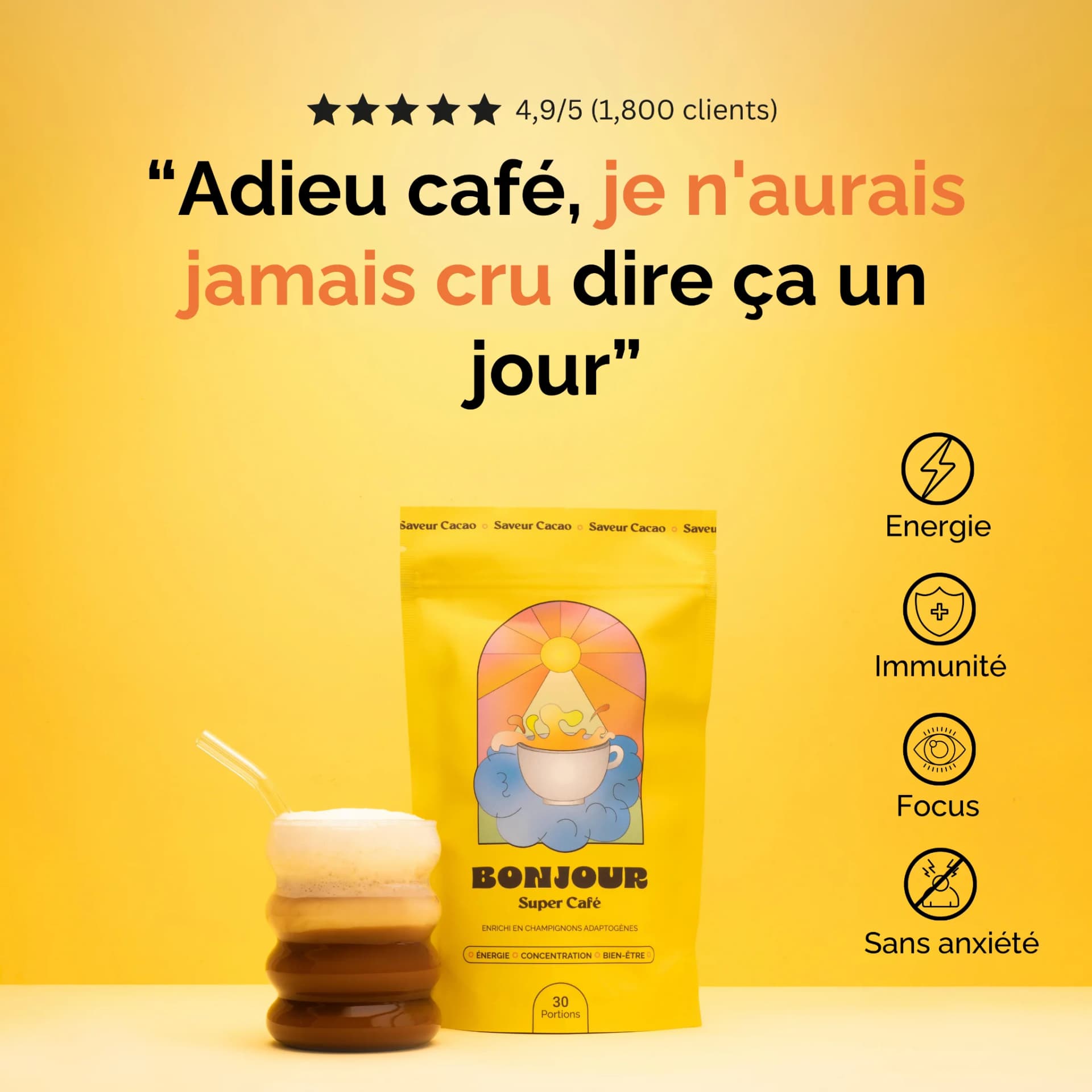 Bonjour Super Café — Vibrant Testimonial Layout