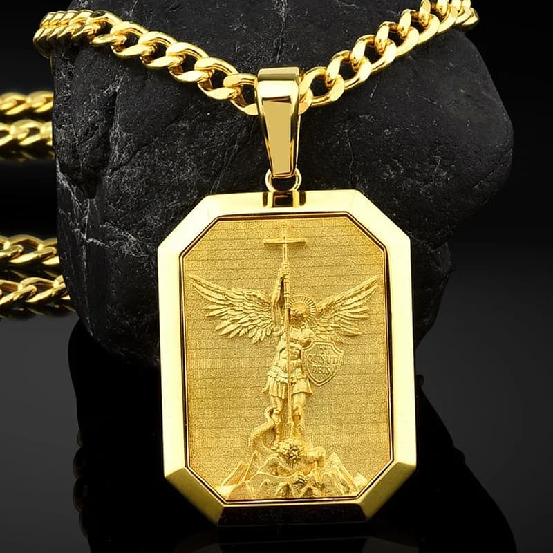 Gold St. Michael Pendant — Dark Hero Shot