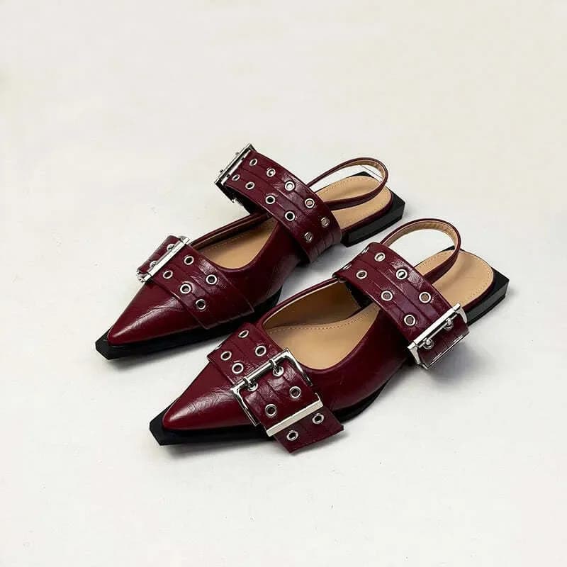 Burgundy Buckle Flats — Angled Product Shot
