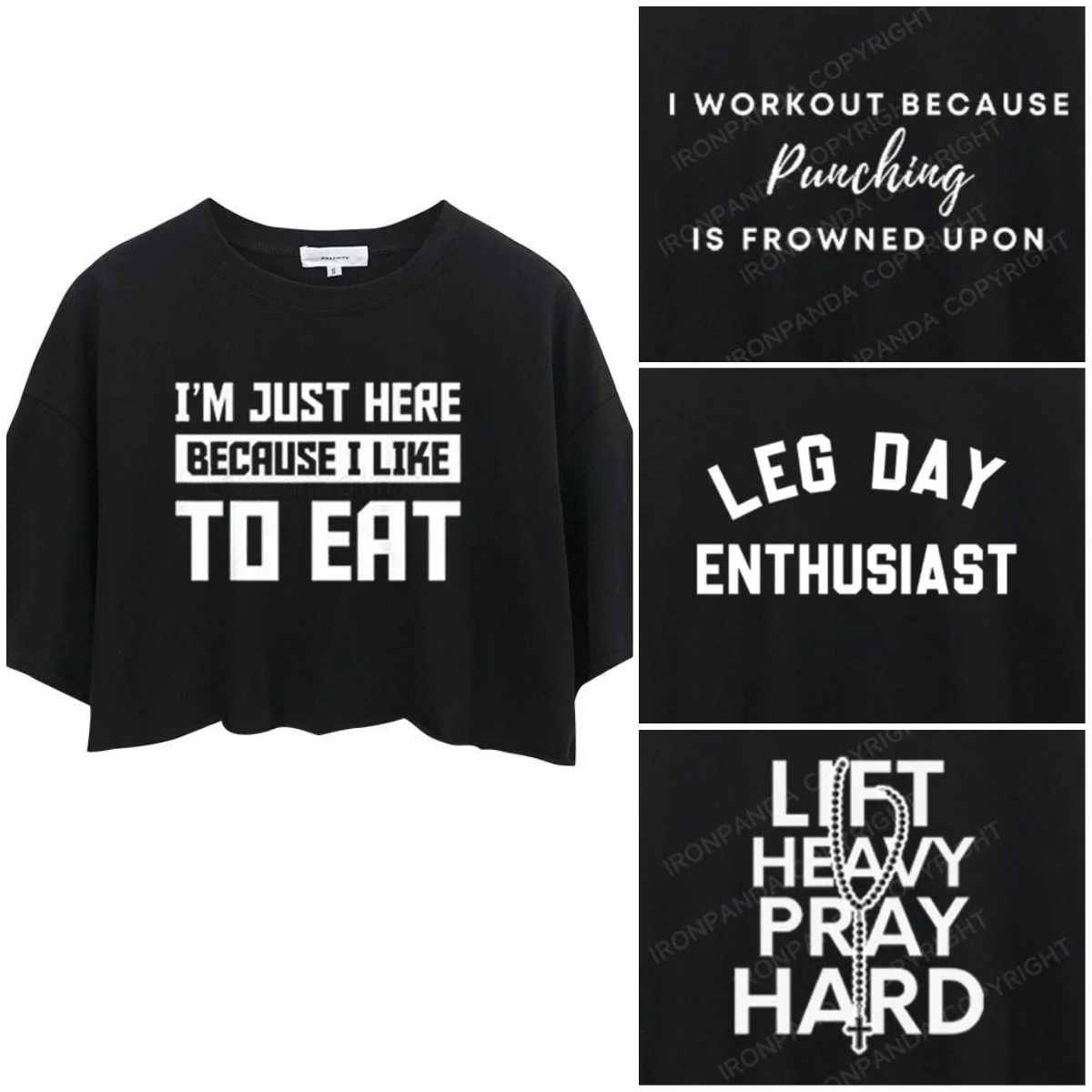 Humorous Gym Crop Tops — Product & Text Collage