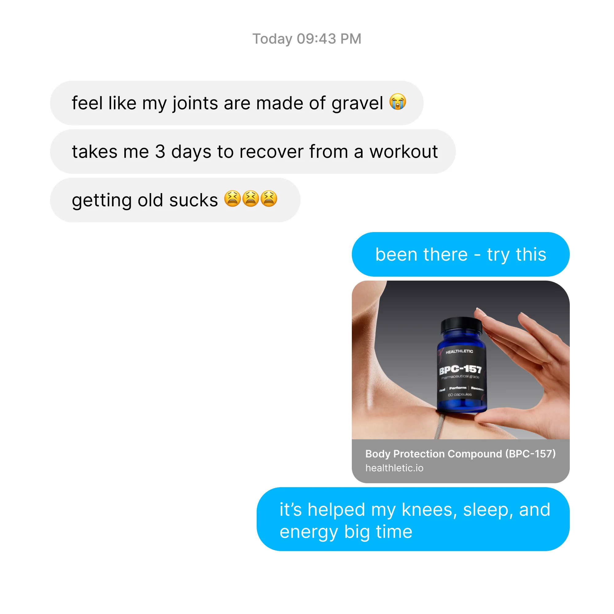 HEALTHLETIC BPC-157 — Chat UI Testimonial