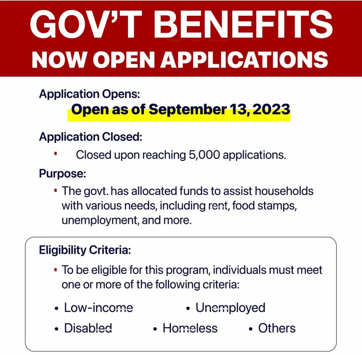 Gov't Benefits — Urgent Text-Heavy Announcement
