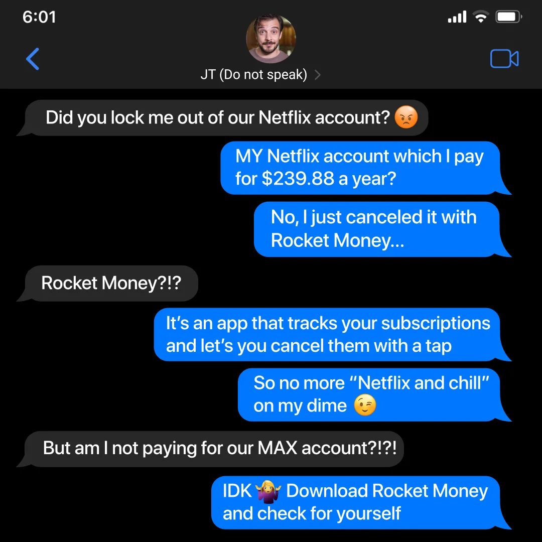 Rocket Money — Humorous Text Message UI