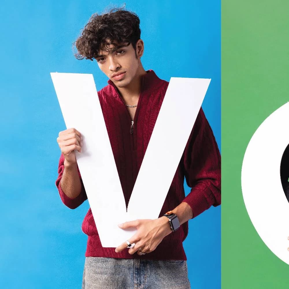 Young Man Holding 'V' — Split Screen Layout
