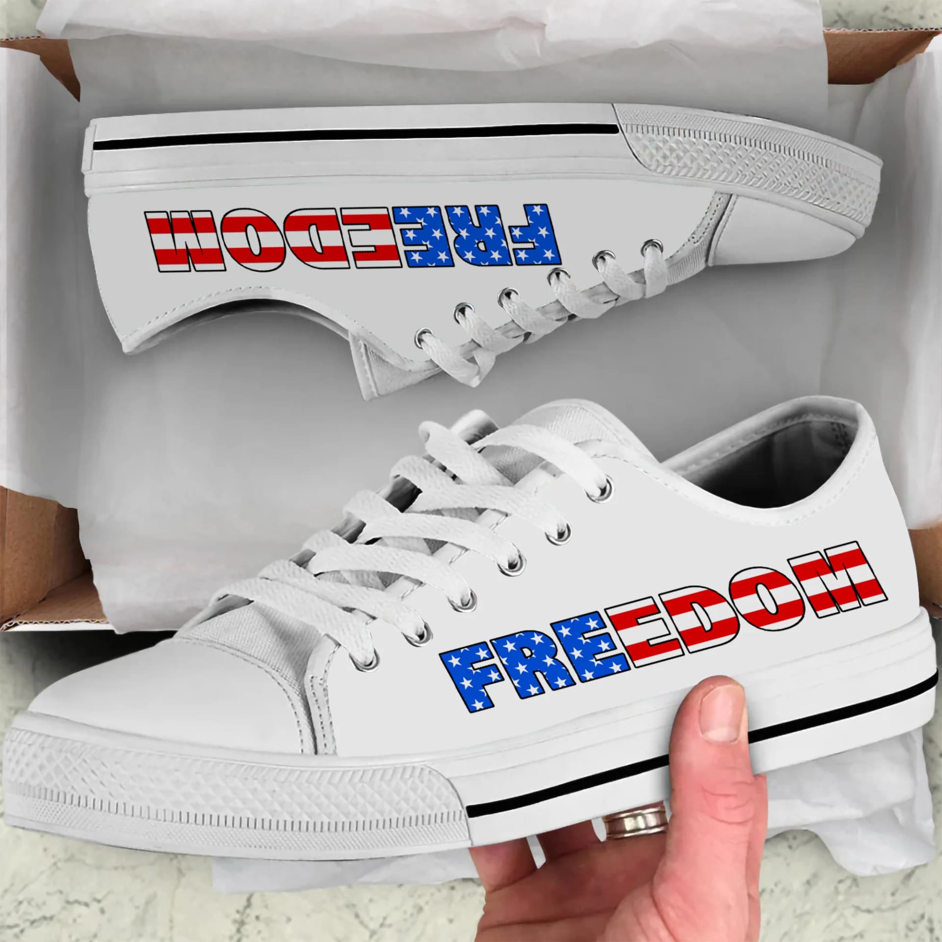 Freedom Sneakers — Boxed Product Shot with Hand