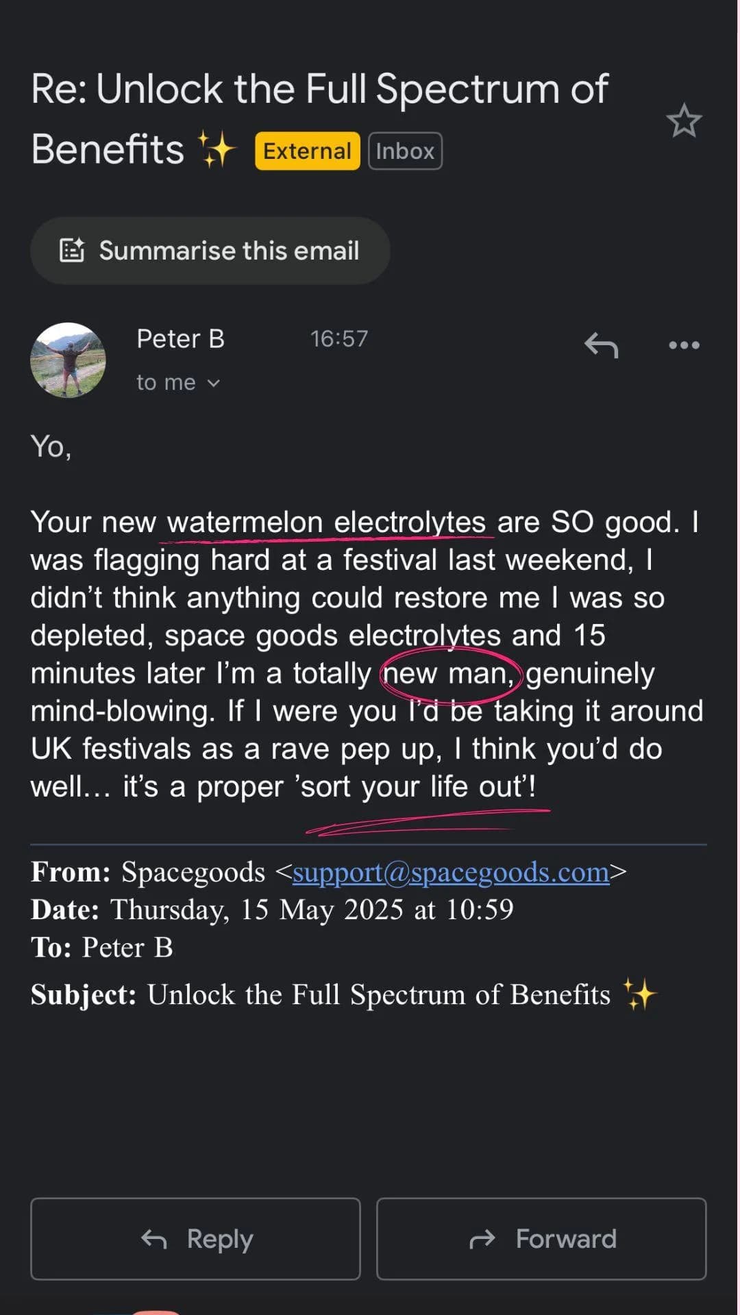 Spacegoods Watermelon Electrolytes — Email Testimonial