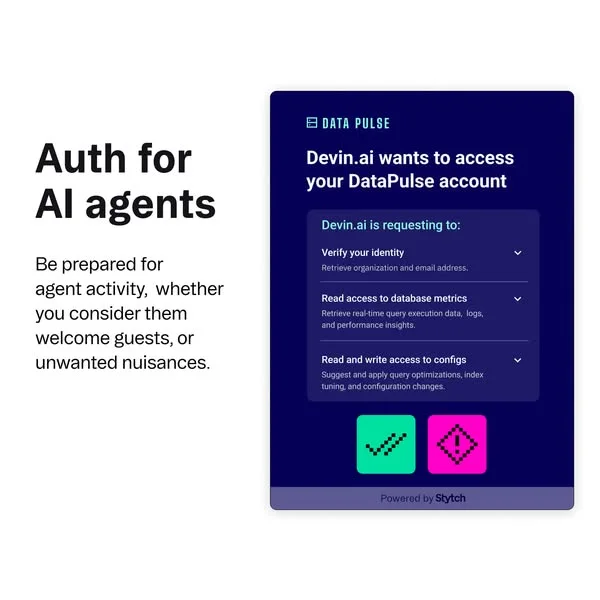 Stytch Auth for AI Agents — Split Screen UI Mockup