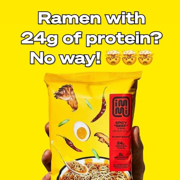 Immi High-Protein Ramen — Bold Text Overlay