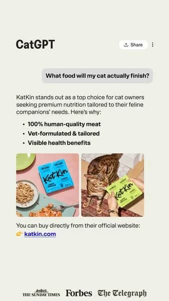 Katkin Premium Cat Food — AI Chat UI Mockup