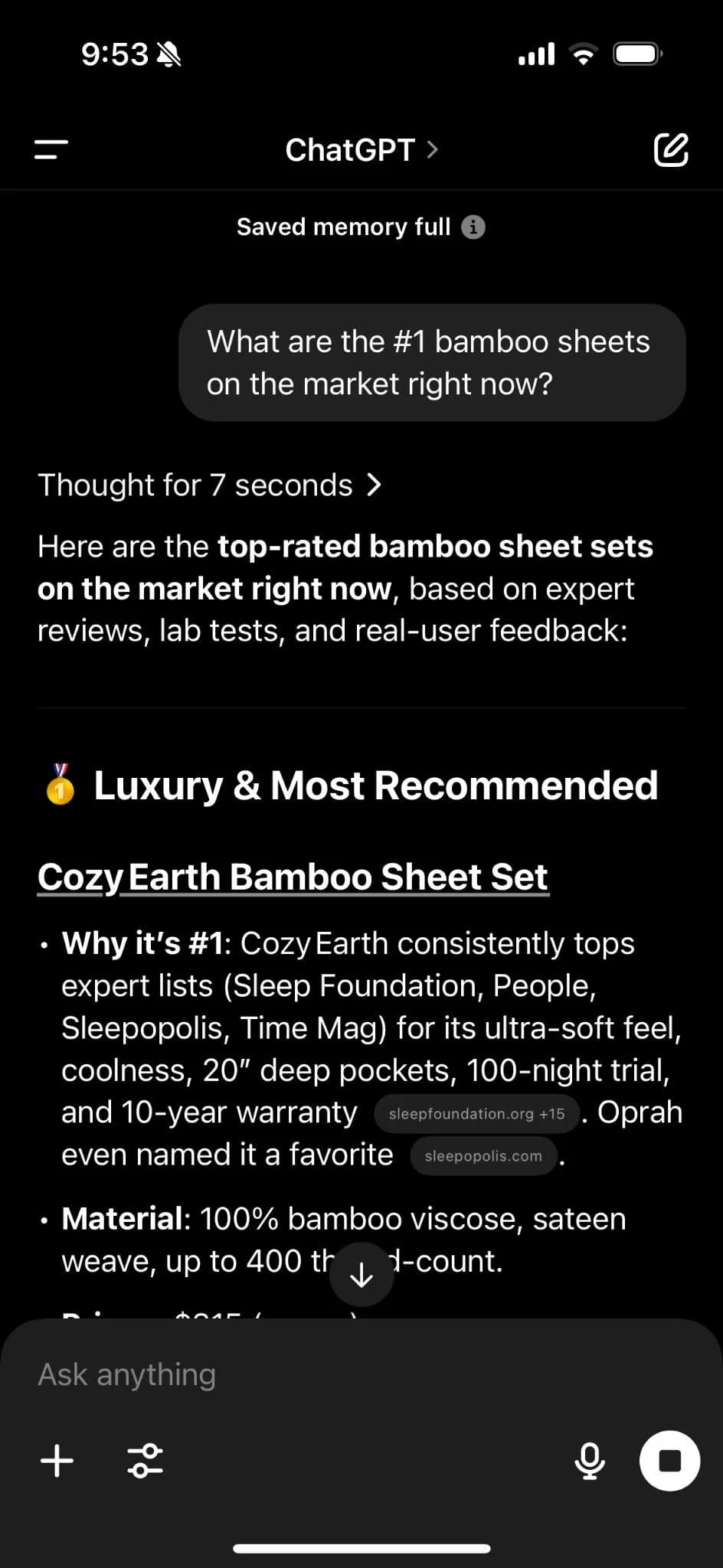 Cozy Earth — ChatGPT Recommendation UI