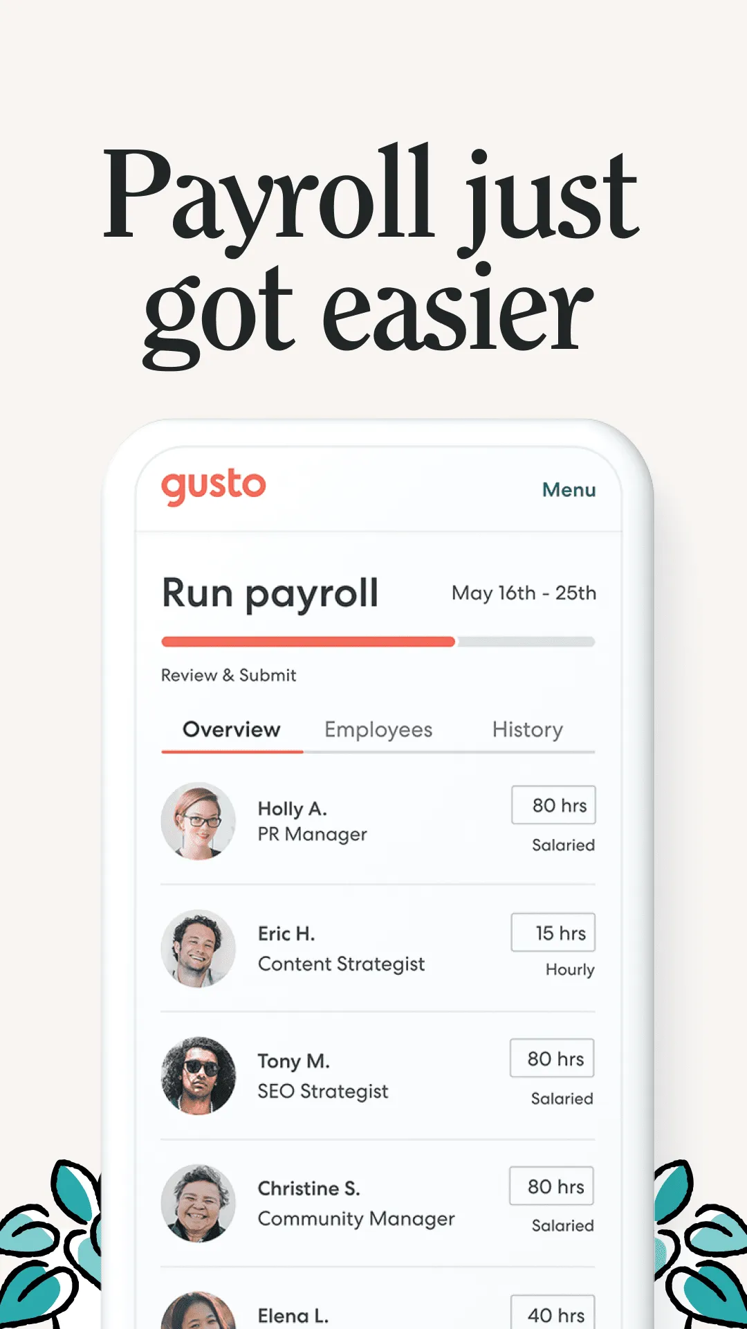Gusto Payroll — Clean UI Mockup - saas & tech ad example for Instagram