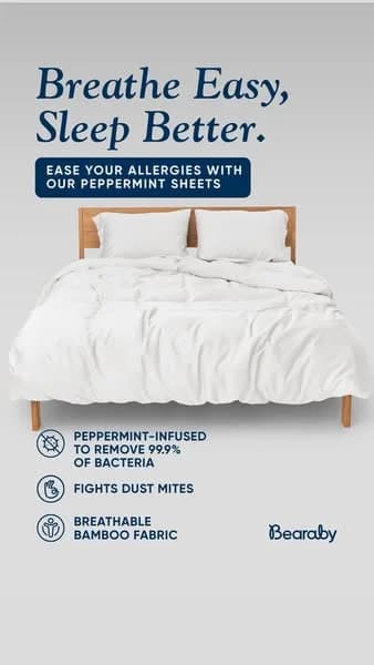 Bearaby Peppermint Sheets — Clean Bed Hero Shot - mental wellness ad example for Instagram