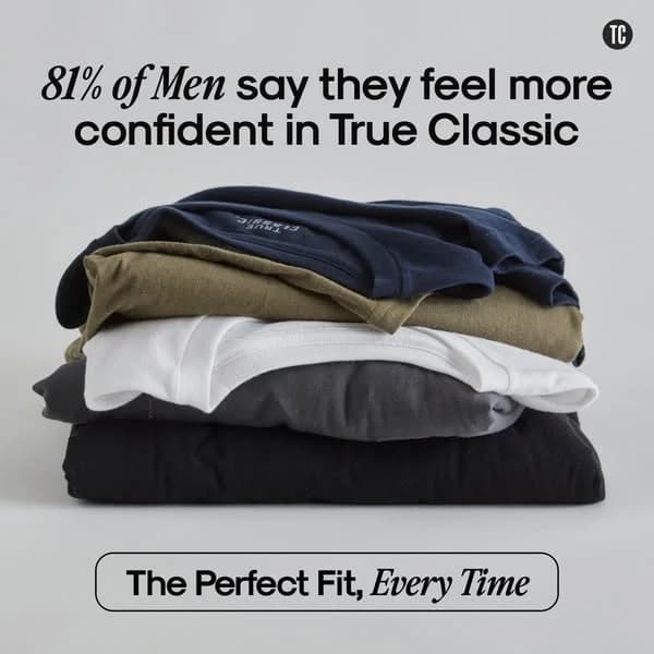 True Classic T-Shirts — Stacked Product Flat Lay - fashion ad example for Instagram