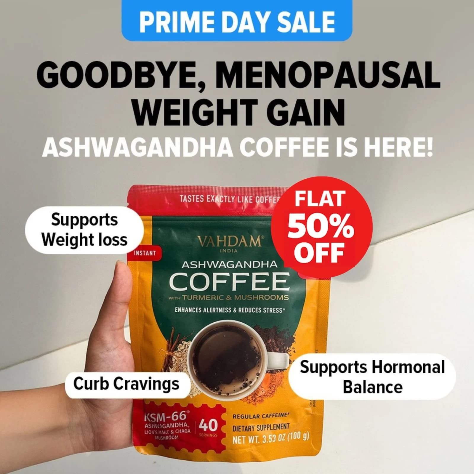 VAHDAM Ashwagandha Coffee — Handheld Product & Benefit Overlay