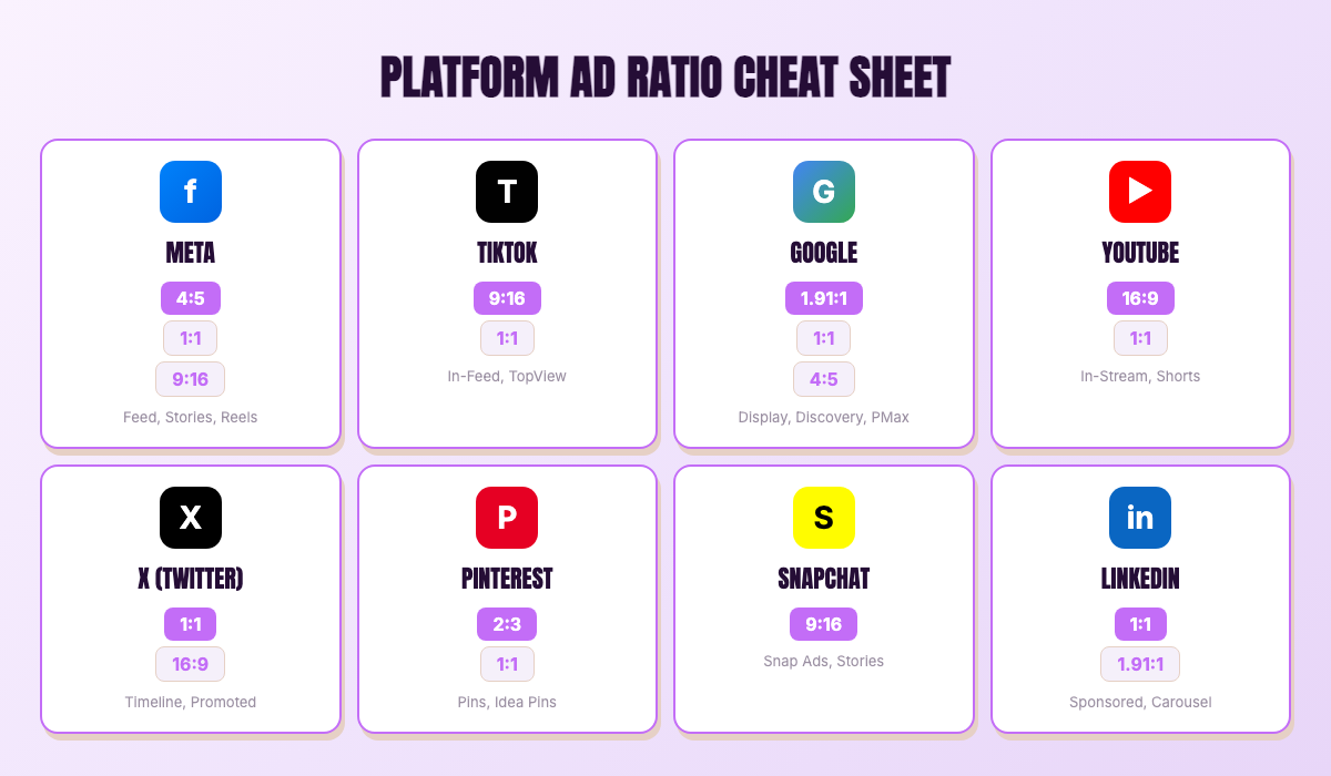 Cheat sheet showing each platform logo with its preferred ad aspect ratio: Meta 1:1 and 4:5, TikTok 9:16, Google 1.91:1, YouTube 16:9, X 1:1, Pinterest 2:3, Snapchat 9:16, LinkedIn 1:1