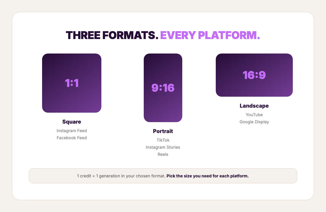 AdDogs export formats — Square 1:1, Portrait 9:16, Landscape 16:9