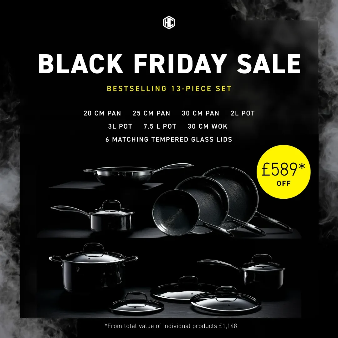 HexClad Black Friday ad example: black background, 13-piece cookware set, item list and a yellow £589 off badge