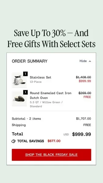 Made In Cookware Black Friday ad example: a checkout order summary showing a stainless set and free Dutch oven, total savings $677