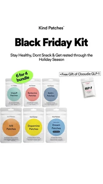 Kind Patches Black Friday ad example: Black Friday Kit, six wellness patch packs, a 6 for 4 bundle sticker and a free gift