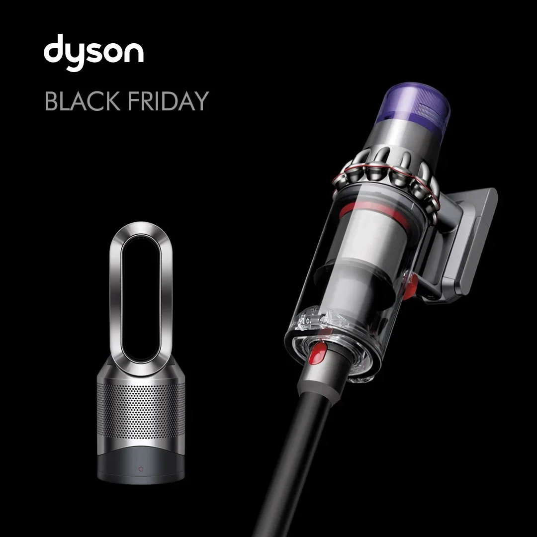 Dyson Black Friday ad example: black background with a purifier fan and a cordless vacuum, dyson BLACK FRIDAY in light gray