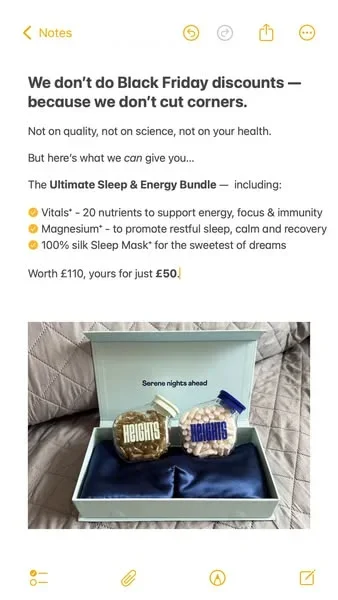 Heights Black Friday ad example: an iPhone Notes screen saying we don't do Black Friday discounts, with a sleep and energy bundle photo