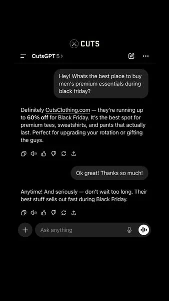 Cuts Black Friday ad example: a chatbot conversation recommending Cuts Clothing for up to 60% off during Black Friday