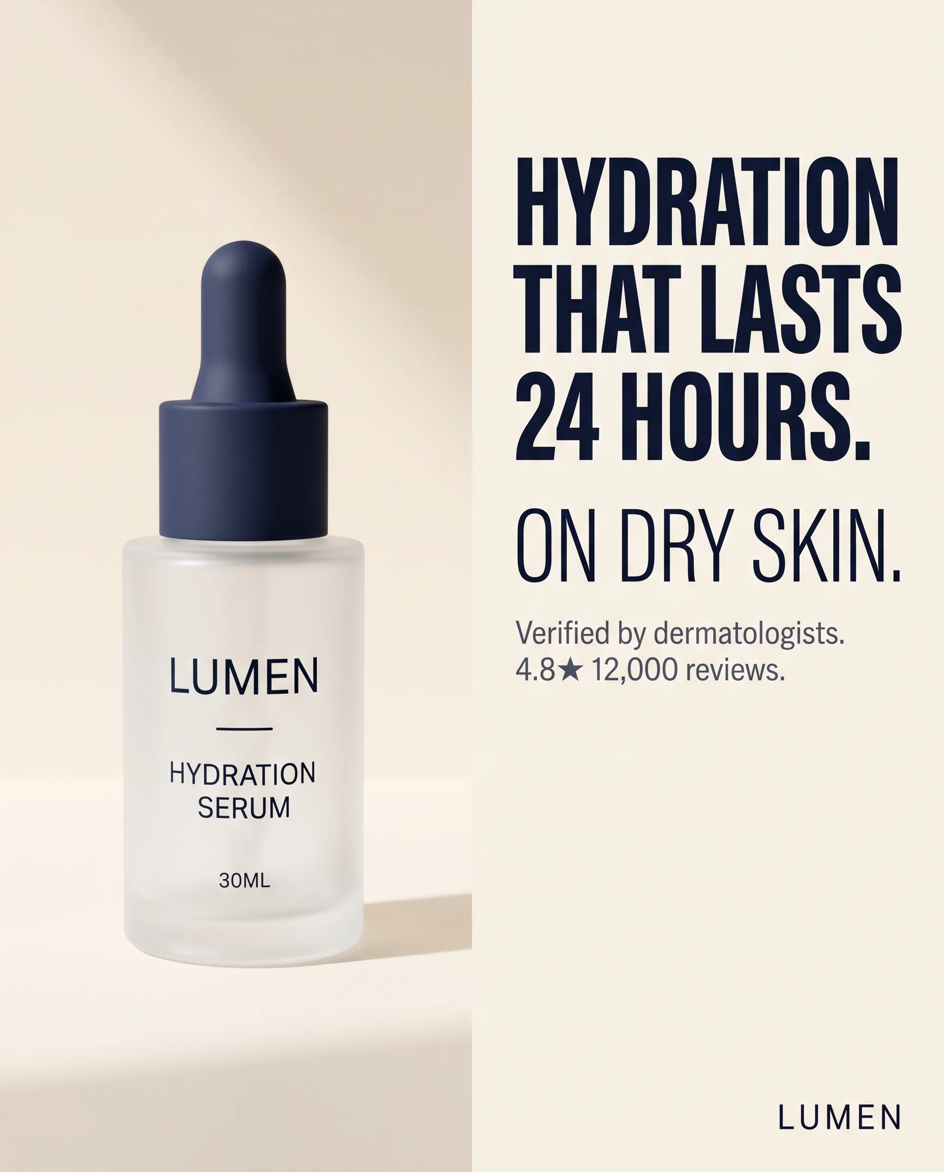Nano Banana 2 generated ad: split layout, frosted skincare bottle on the left, 'Hydration that lasts 24 hours. On dry skin.' headline on the right