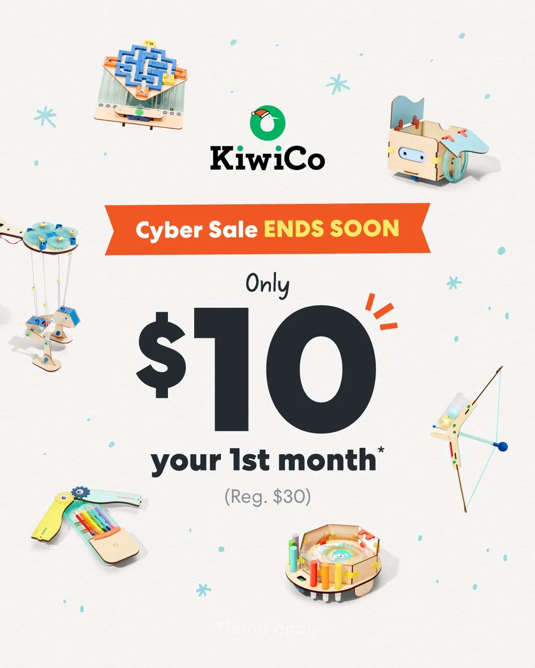KiwiCo family ad example showing a dated seasonal discount promo creative