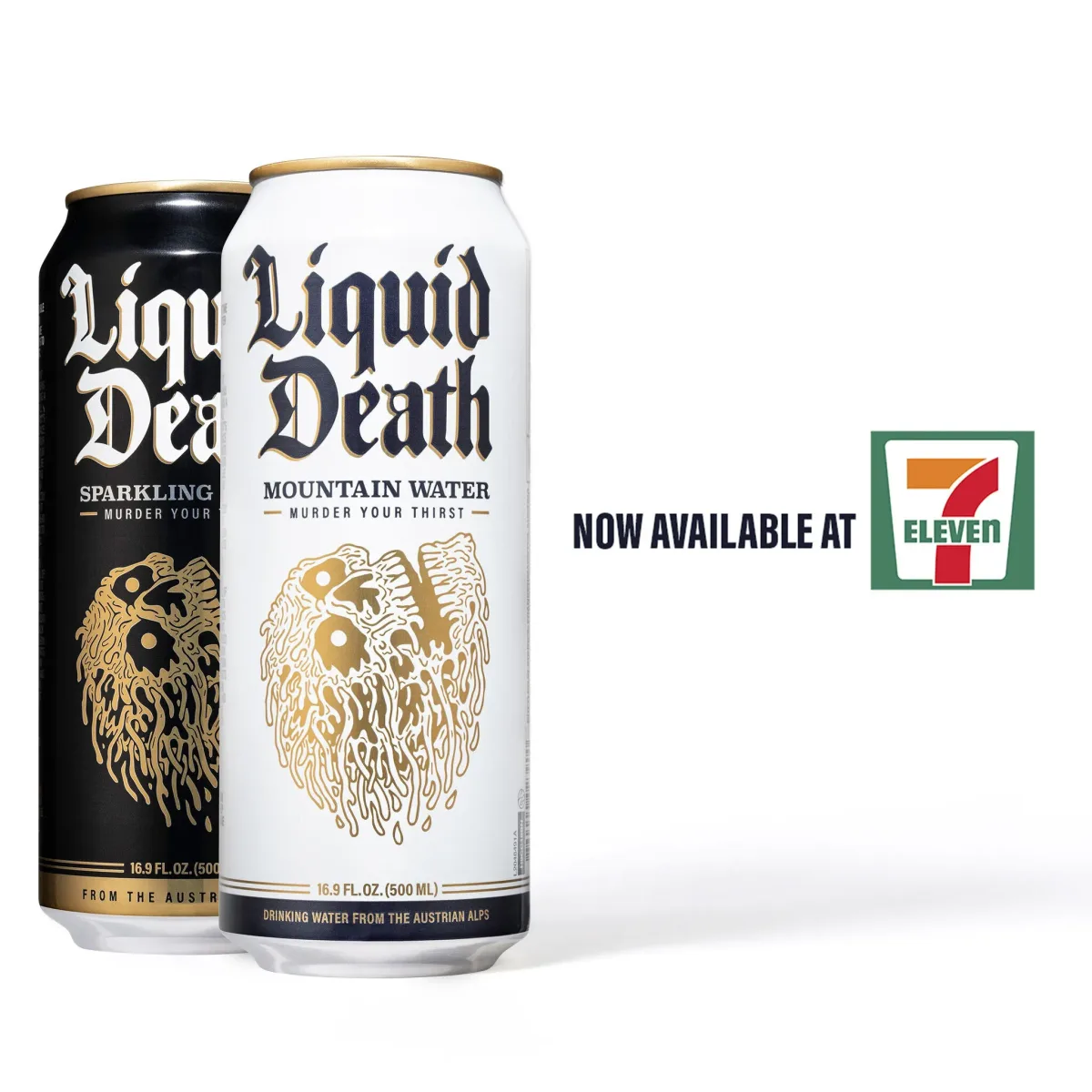 Liquid Death food ad example: a black and a white can on white beside Now available at and the 7-Eleven logo