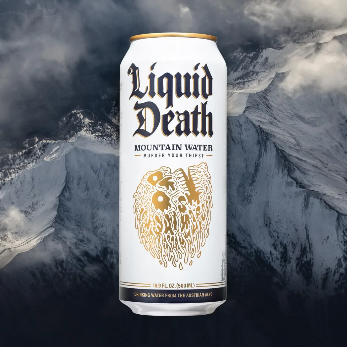 Liquid Death beverage ad example: a white mountain water can against dark snowy Alpine peaks