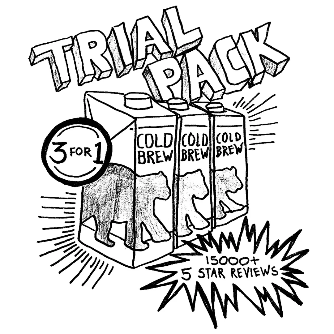 Wandering Bear coffee ad example: a hand-drawn sketch of three cold brew cartons with a 3 for 1 badge