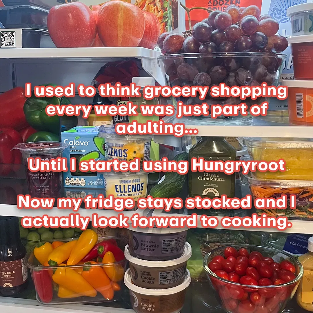 Hungryroot food delivery ad example: a fully stocked fridge with a three-line text overlay about grocery shopping