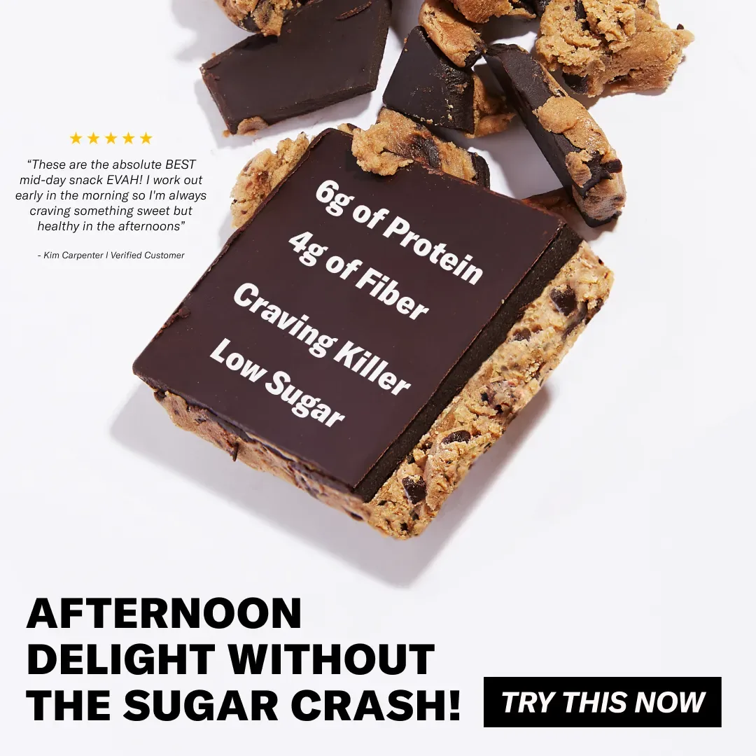 Mid-Day Squares snack ad example: a chocolate-topped bar with 6g of protein, 4g of fiber, Craving Killer, Low Sugar written on it
