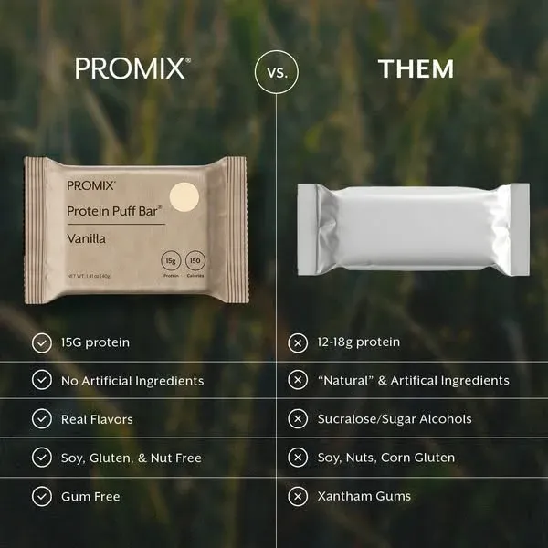 PROMIX snack ad example: a PROMIX protein puff bar versus an unbranded foil bar with five ticks and five crosses
