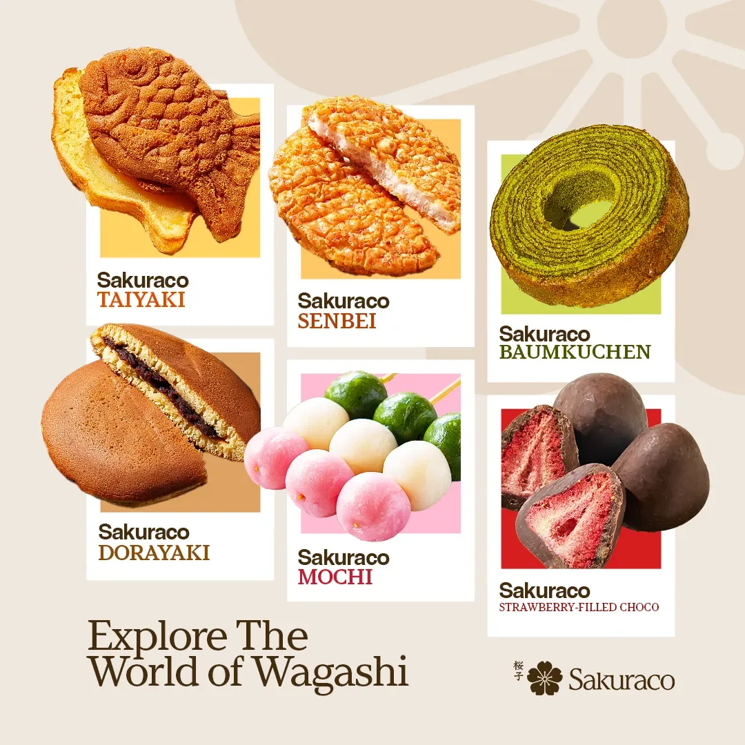 Sakuraco food ad example: a grid of six Japanese sweets including taiyaki, senbei, dorayaki and mochi