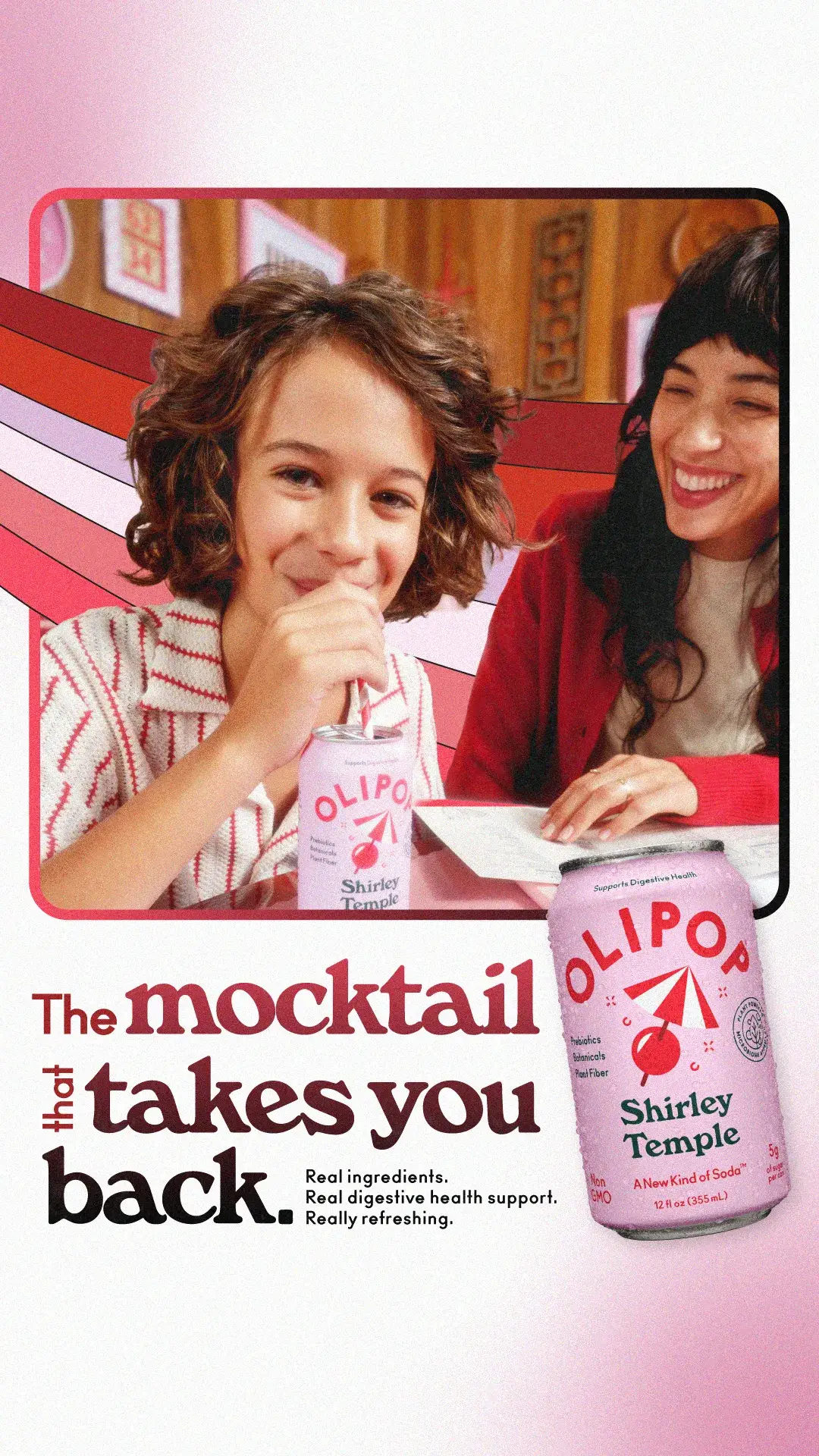 Olipop soda ad example: a girl sips a Shirley Temple Olipop in a diner, The mocktail that takes you back