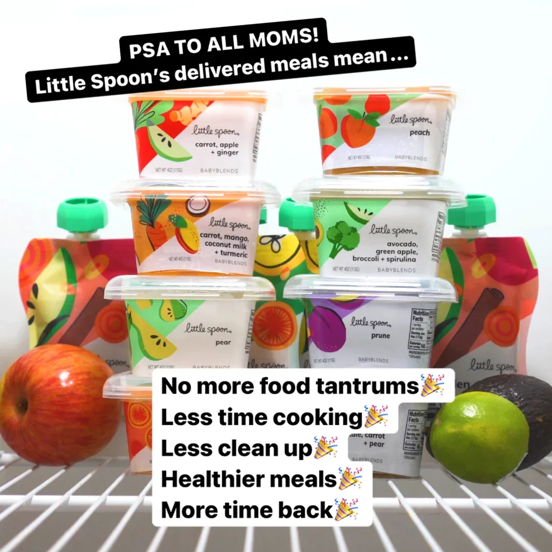 Little Spoon baby food ad example: stacked baby food pots in a fridge with PSA to all moms and five benefit lines