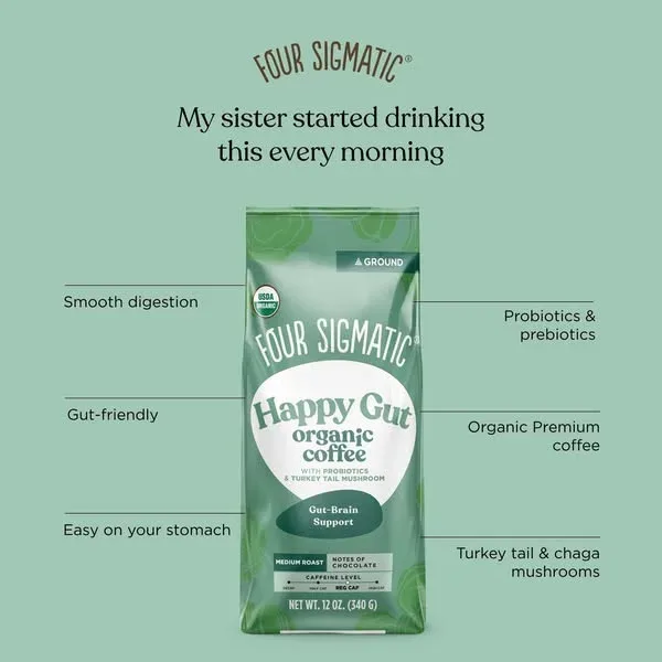 Four Sigmatic coffee ad example: a green bag of Happy Gut organic coffee with lines to six benefit and ingredient labels