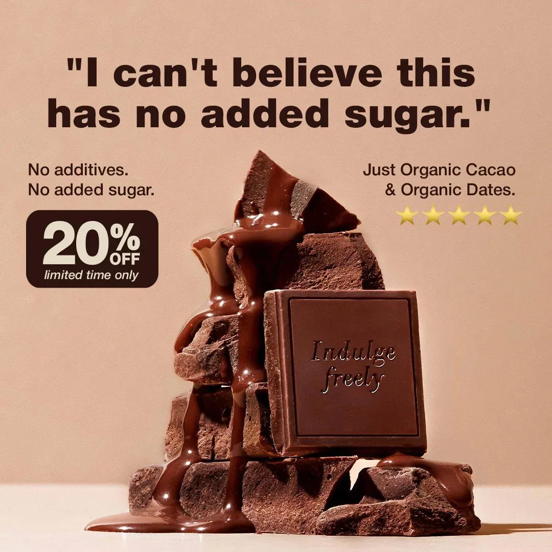 The Conscious Bar food ad example: a chocolate square embossed Indulge freely with melted chocolate running down broken chunks