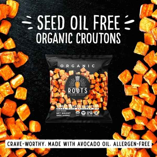 Roots Farm Fresh food ad example: an organic sweet potato crouton bag surrounded by orange croutons on black