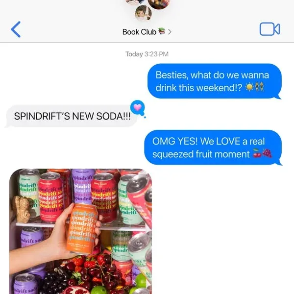 Spindrift drink ad example: an iMessage book club chat about Spindrift's new soda with a fridge photo