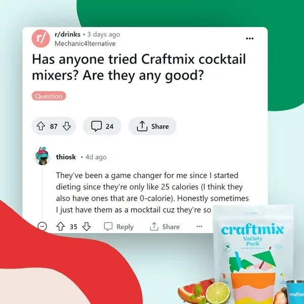 Craftmix cocktail mixer ad example: a Reddit r/drinks post asking if Craftmix mixers are any good, with a reply