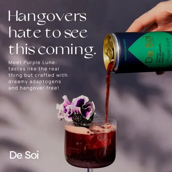 De Soi non-alcoholic aperitif ad example: a can pouring dark red Purple Lune into a garnished coupe glass